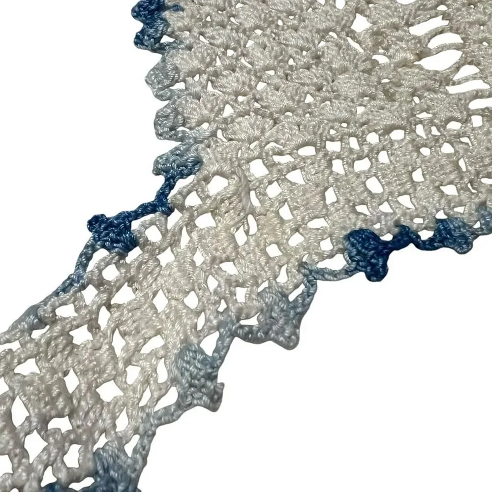 Vintage Handmade Crochet Apron With Small Pocket Blue‎ White Straps Approx 48”